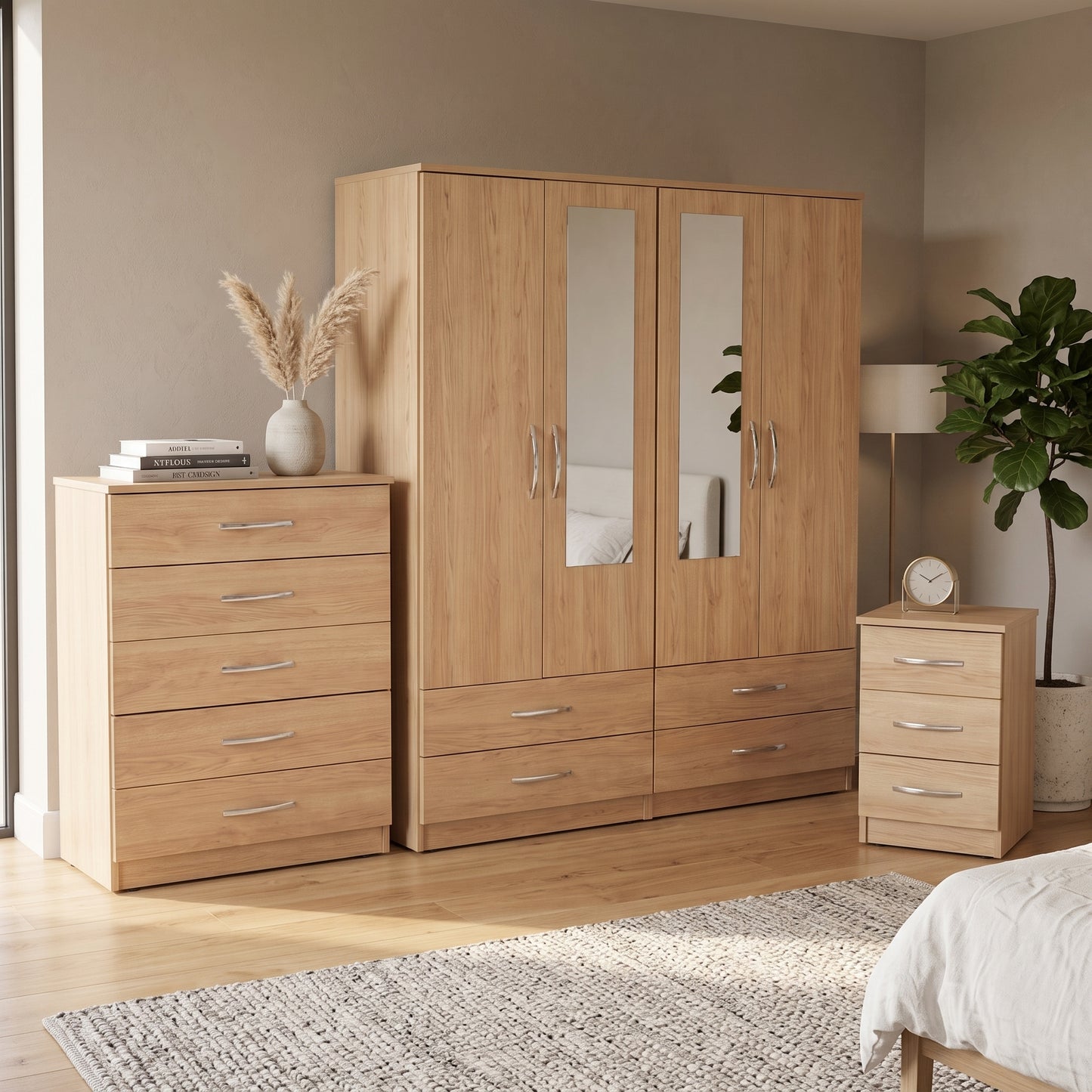 4 Door Mirrored Wardrobe, Chest & Bedside – Complete Bedroom Furniture Set