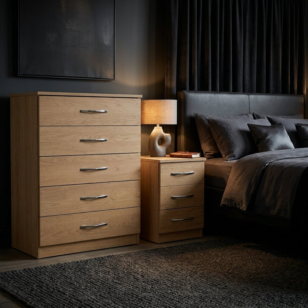 5 Drawer Chest & 3 Drawer Bedside Table Set – Bedroom Furniture
