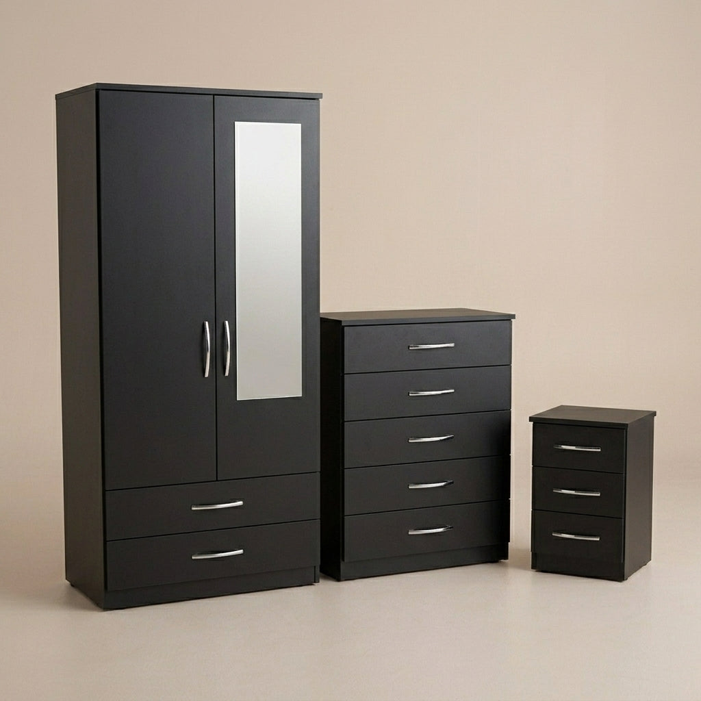 2 Door Mirrored Wardrobe, Chest & Bedside – Complete Bedroom Furniture Set