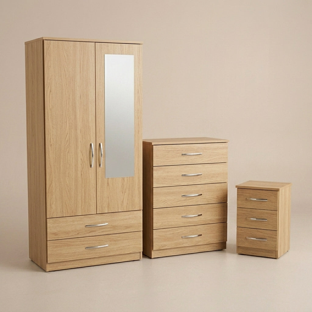 2 Door Mirrored Wardrobe, Chest & Bedside – Complete Bedroom Furniture Set