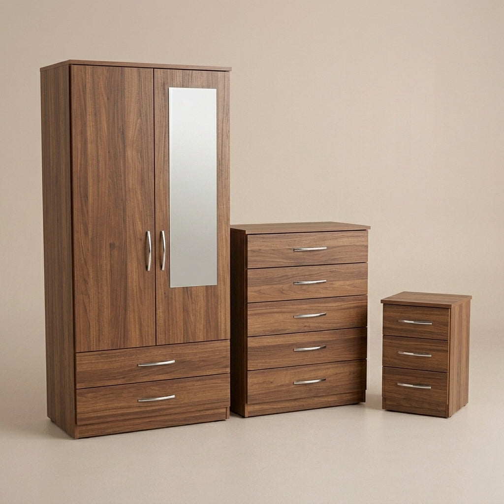 2 Door Mirrored Wardrobe, Chest & Bedside – Complete Bedroom Furniture Set