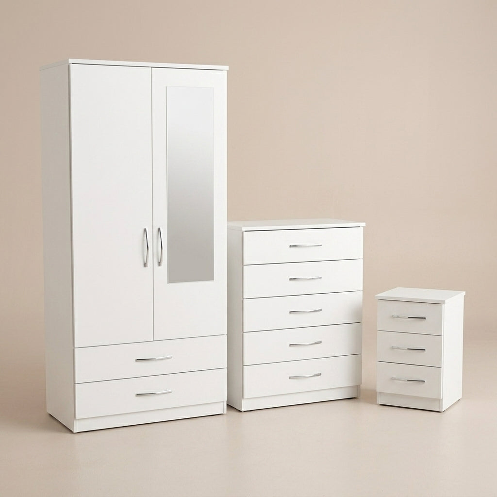 2 Door Mirrored Wardrobe, Chest & Bedside – Complete Bedroom Furniture Set