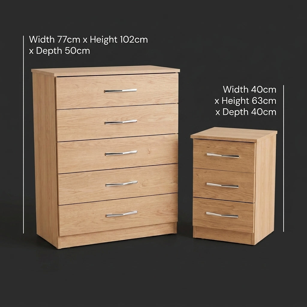 5 Drawer Chest & 3 Drawer Bedside Table Set – Bedroom Furniture