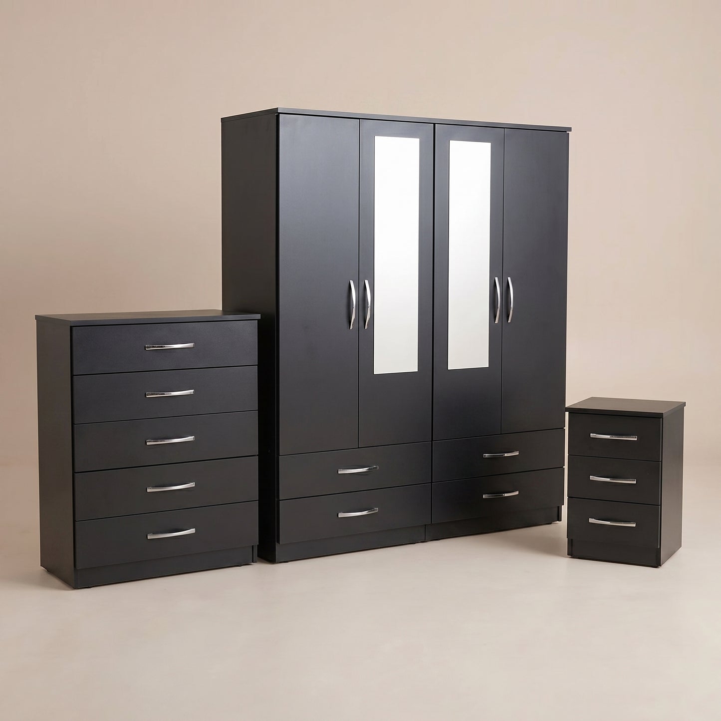 4 Door Mirrored Wardrobe, Chest & Bedside – Complete Bedroom Furniture Set