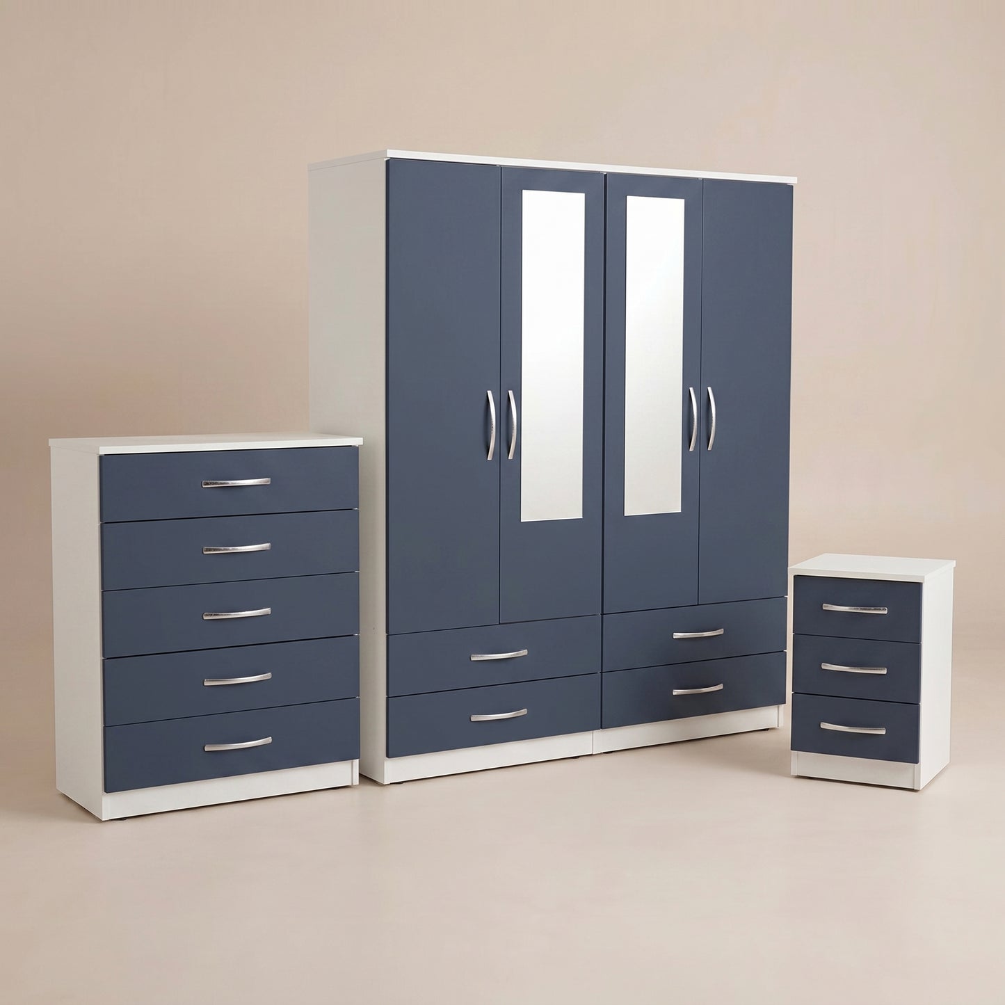 4 Door Mirrored Wardrobe, Chest & Bedside – Complete Bedroom Furniture Set