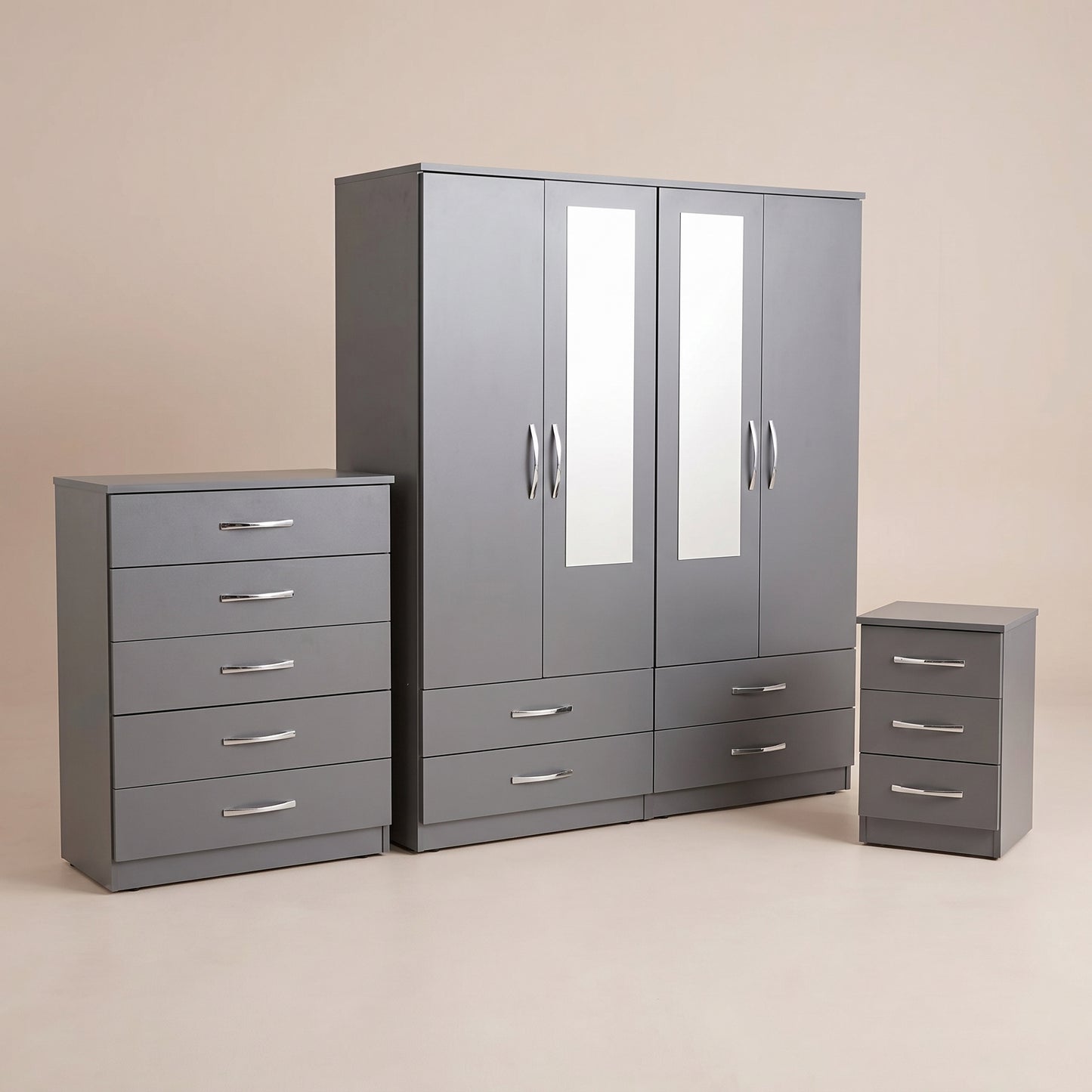 4 Door Mirrored Wardrobe, Chest & Bedside – Complete Bedroom Furniture Set