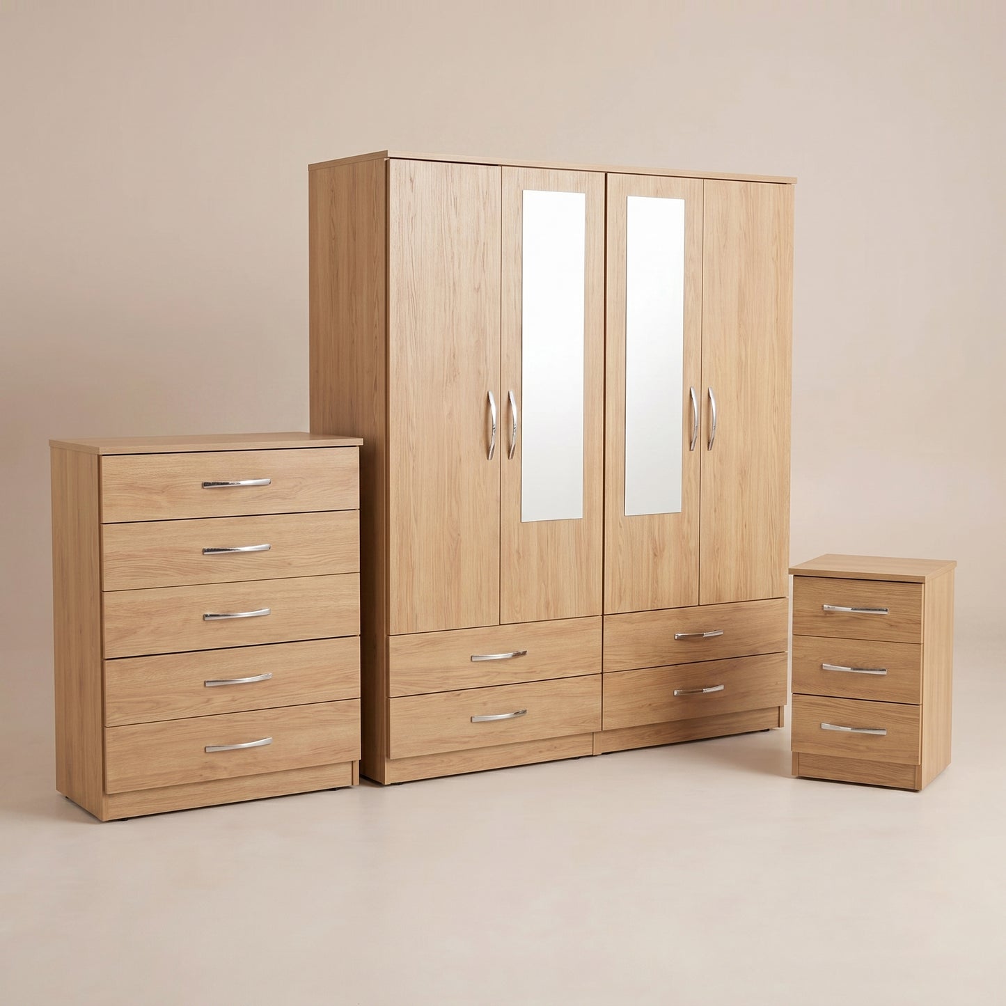 4 Door Mirrored Wardrobe, Chest & Bedside – Complete Bedroom Furniture Set