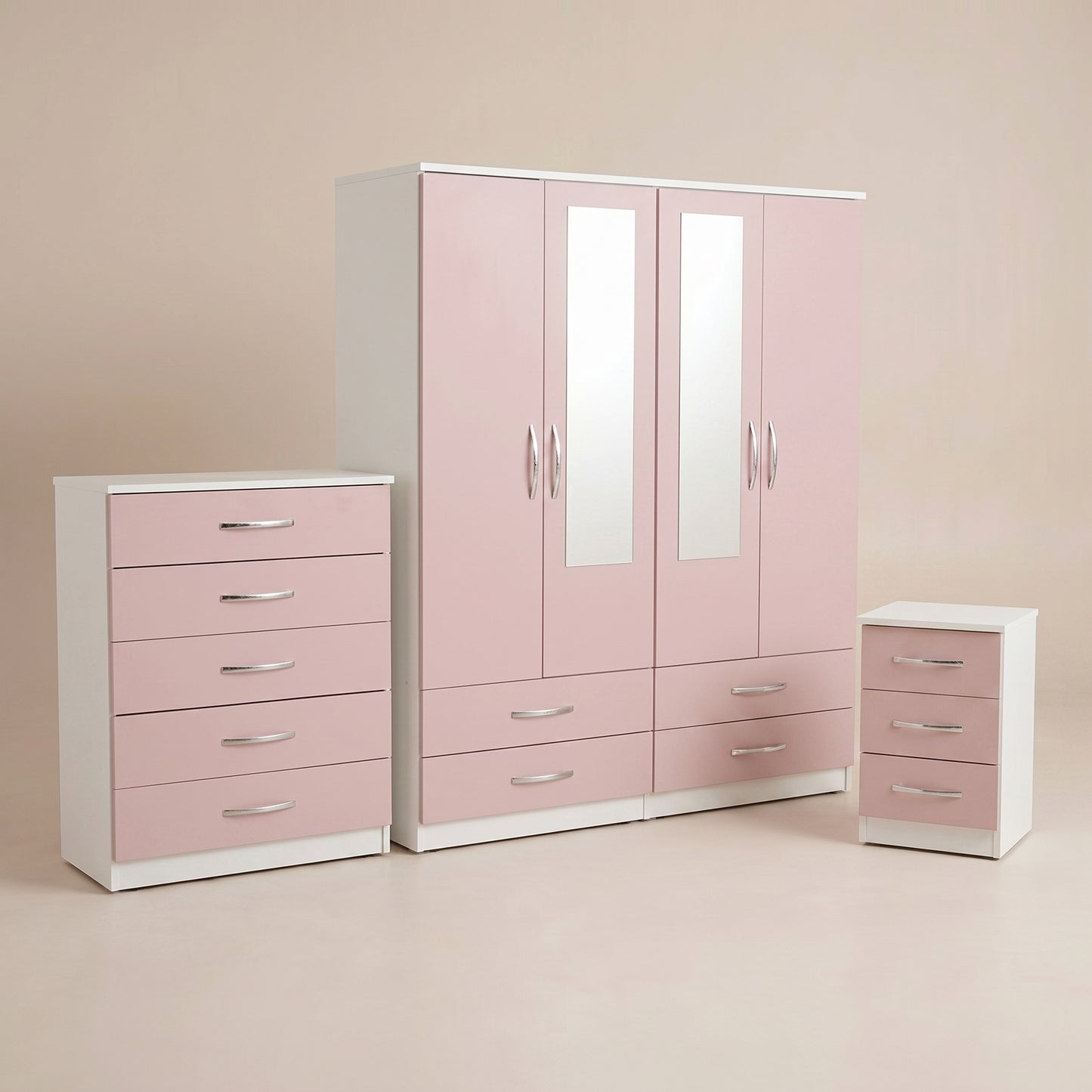 4 Door Mirrored Wardrobe, Chest & Bedside – Complete Bedroom Furniture Set