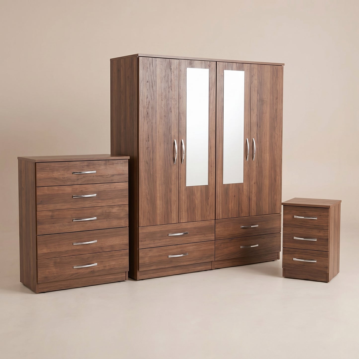 4 Door Mirrored Wardrobe, Chest & Bedside – Complete Bedroom Furniture Set