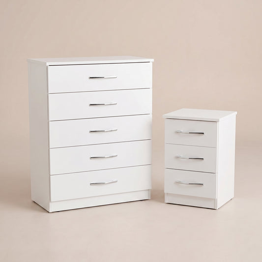 5 Drawer Chest & 3 Drawer Bedside Table Set – Bedroom Furniture