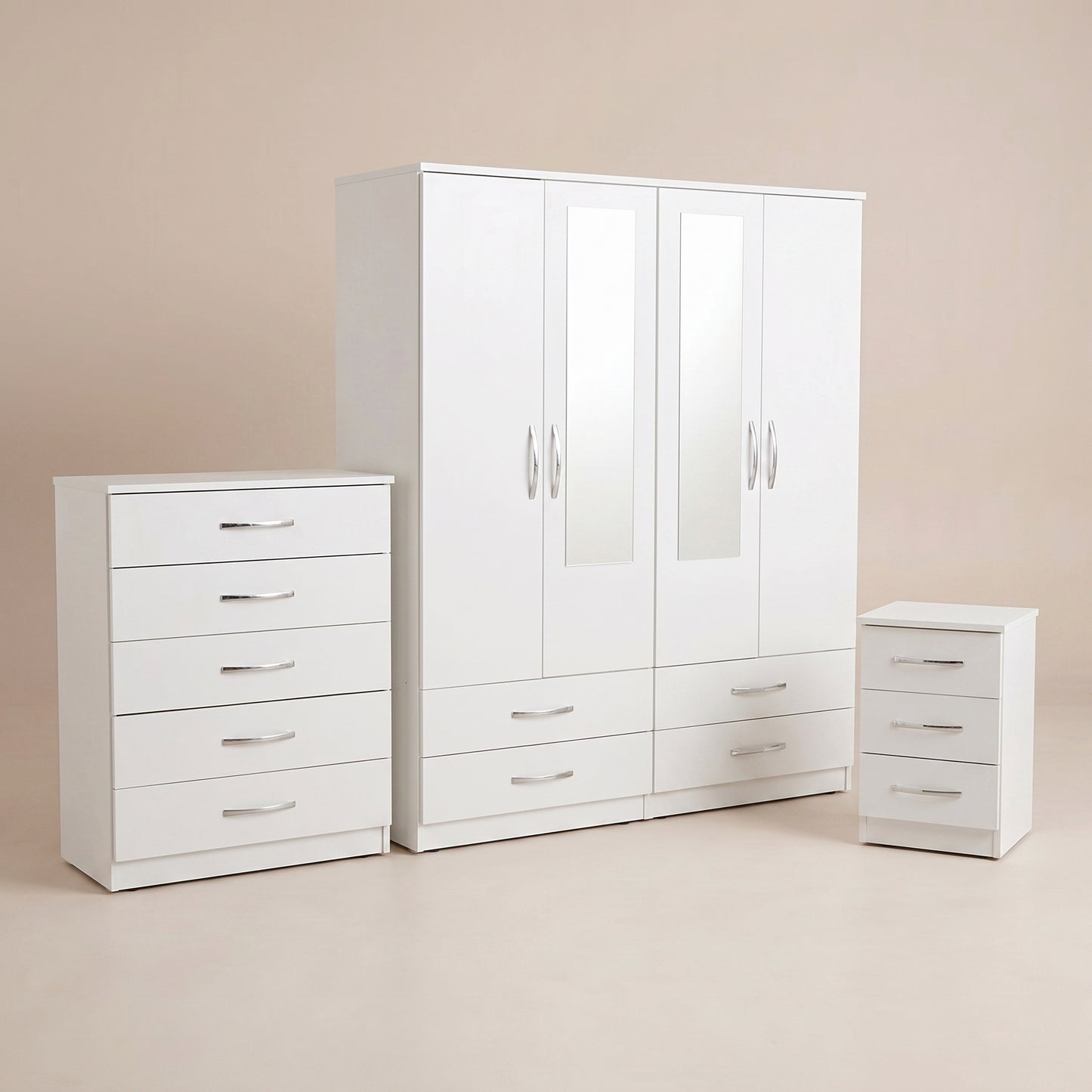 4 Door Mirrored Wardrobe, Chest & Bedside – Complete Bedroom Furniture Set
