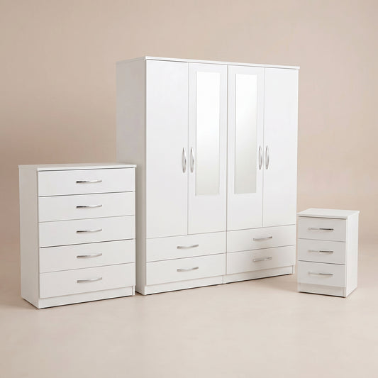 4 Door Mirrored Wardrobe, Chest & Bedside – Complete Bedroom Furniture Set